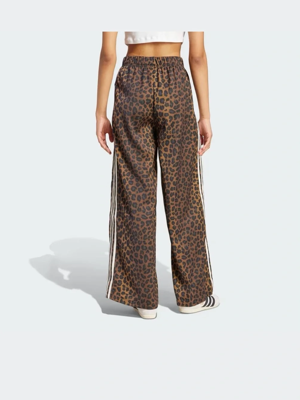 adidas Originals Women's Leopard Print Wide-Leg Satin Pants with White Stripes - Picture 2 of 6